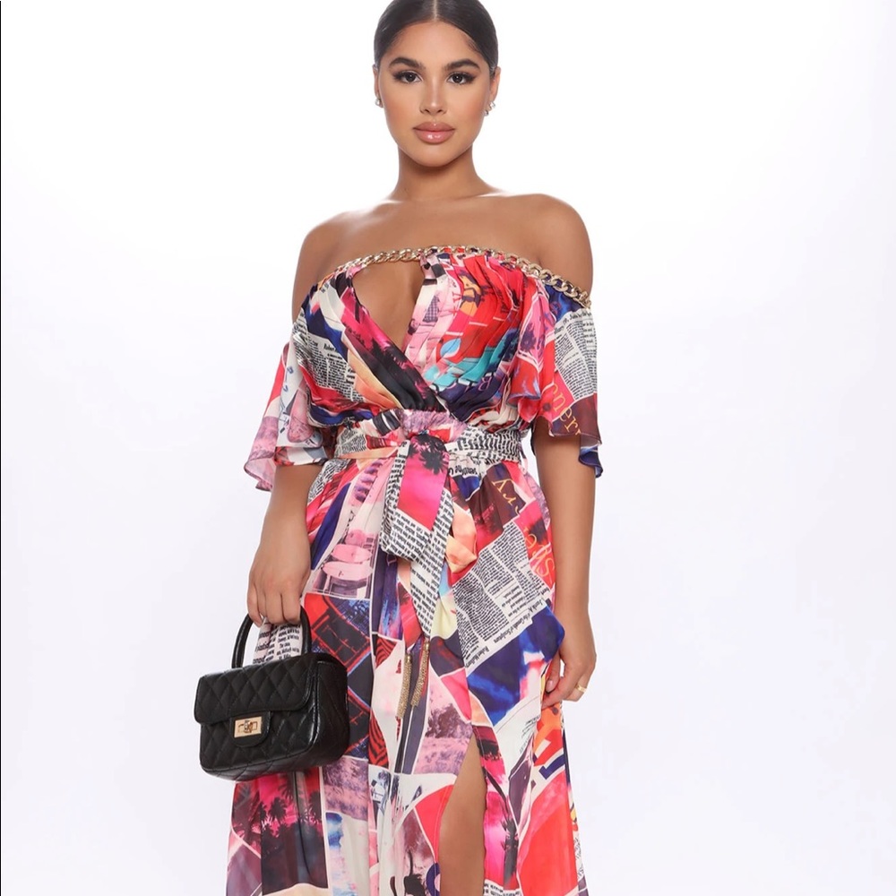 FashionNova High Slit Multicolored Vogue Maxi Dress